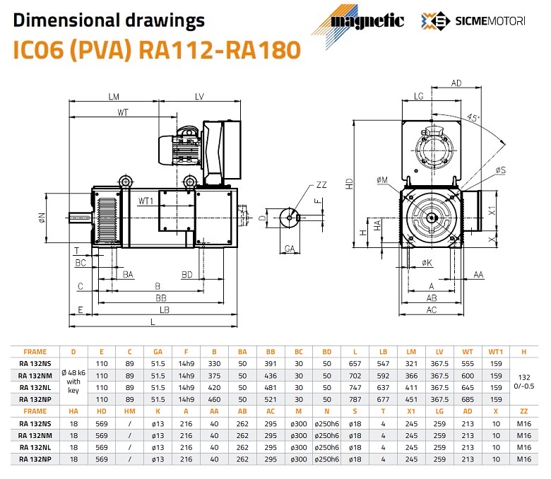 Sicme Motori RA Series DC Motor Frame 132 Dimensions