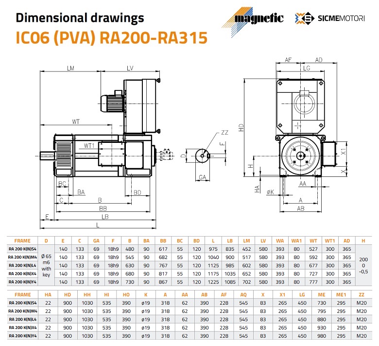 Sicme Motori RA Series DC Motor 200 Frame Dimensions